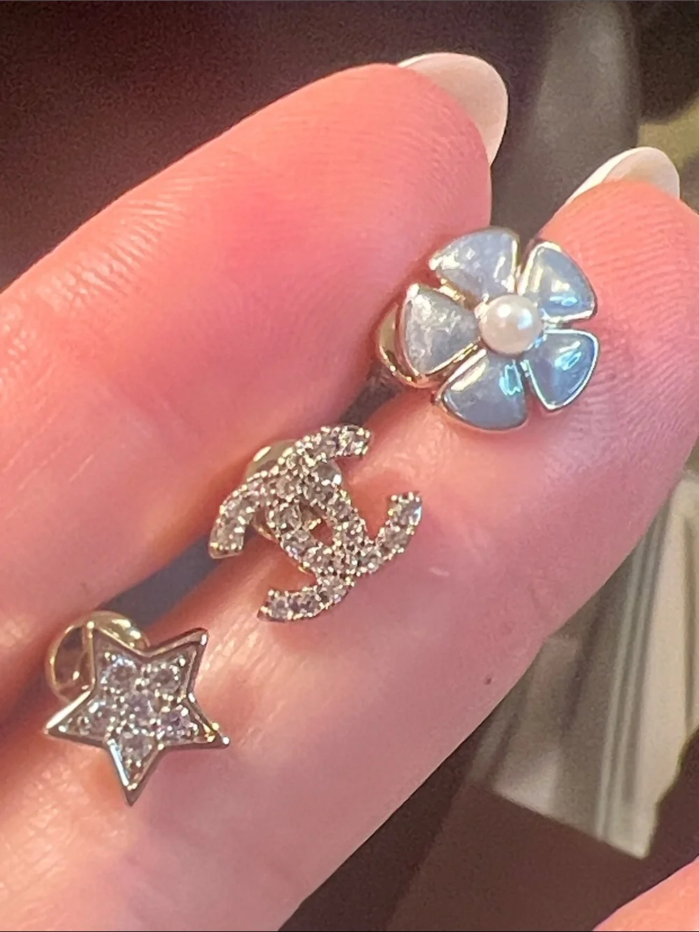 Silver Crystal C  & Light Blue Enamel Flower Trio Studs